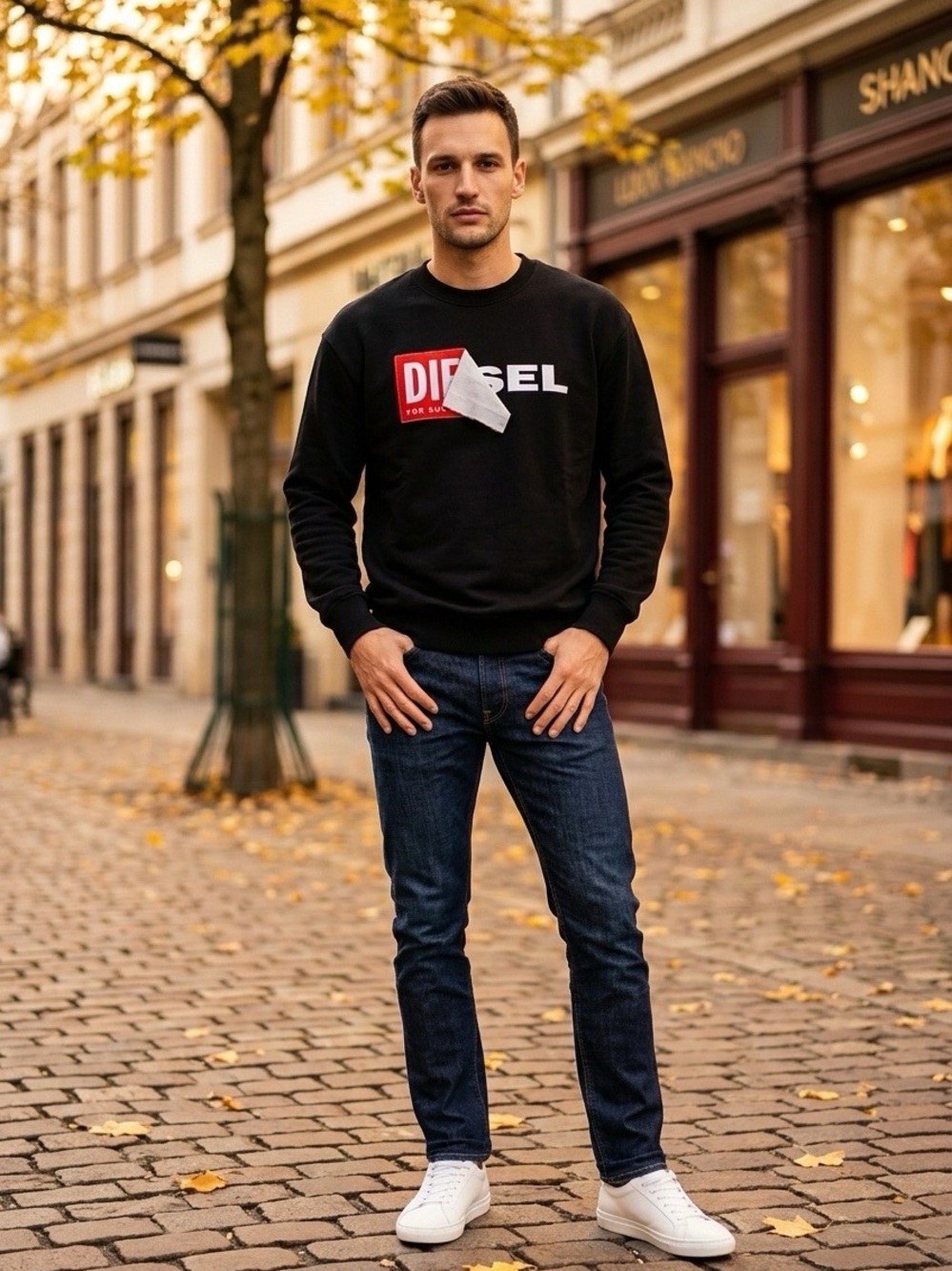 Diesel Black Crewneck Sweatshirt with Red Logo Patch